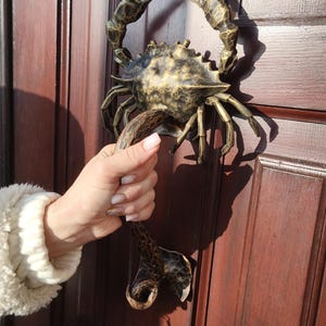 May include: A bronze crab-shaped door knocker with intricate details, mounted on a dark wooden door. The knocker features a crab's body and claws, with a handle shaped like a crab claw. The door is a rich, reddish-brown color.
