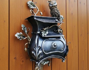 Exclusive Forged Mailbox "Owl on Oak Leaves" - Handcrafted Art