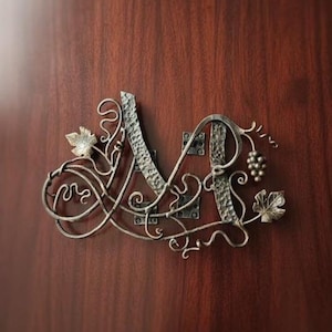Könnte beinhalten: Ein dekorativer Metallbuchstabe "M" mit einem Weinreben- und Trauben-Design, montiert auf einer dunklen Holzoberfläche. Das Metall hat ein strukturiertes, gehämmertes Aussehen, und die Weinreben und Trauben verleihen eine dekorative Note.