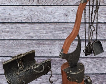 Forged Fireplace Tool Set: Medieval Axe Design with Firewood Holder