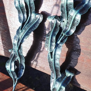 May include: Two decorative metal handles with a leaf-like design. The handles are a teal color with darker accents, and are mounted on a wooden surface. The handles have a unique, organic shape.