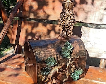 Forged Mailbox: Handmade Steel Owl, Mouse & Oak - Woodland Decor
