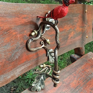 Forged Steel Oak Branch Door Handle: Red Bird Accent, Nature Inspired