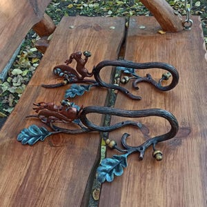 May include: Two decorative metal hooks shaped like branches with squirrels and acorns. The hooks are mounted on a wooden surface.