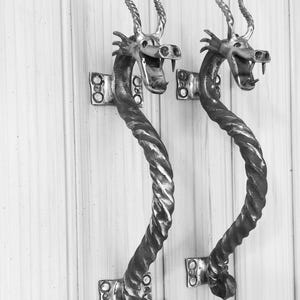 May include: A pair of black metal door handles shaped like dragons with twisted bodies and open mouths. The handles are mounted on a white wooden door.