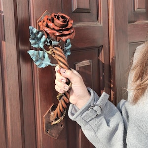 Wrought Iron Rose Door Handle: Hand-Forged Metal Door Pull