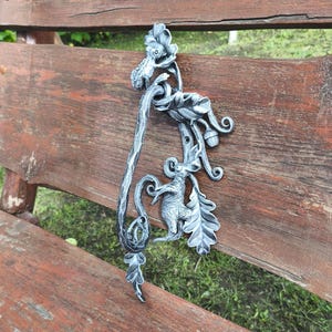Handmade Forged Steel Door Handle, Rabbit Frog Oak Branch, Cottagecore Garden Gate Pull
