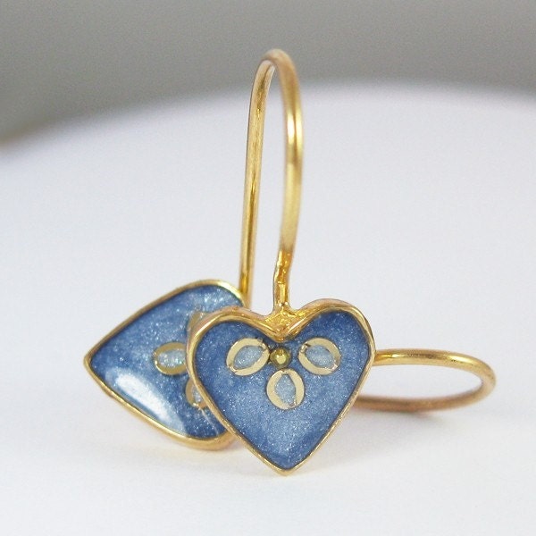 Tiny Gold heart Earrings, Blue jeans earrings, gold plated sterling silver, resin jewelry