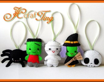 Felt Halloween Ornaments PDF pattern - Set B - Spider / Frankenstein / Mummy / Witch / Skull