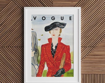 Vogue Magazine Wall Art, Featuring a Woman In a Red Coat, By Eduardo Garcia Benito, Retro Cover Print, Fashion Home Decor.