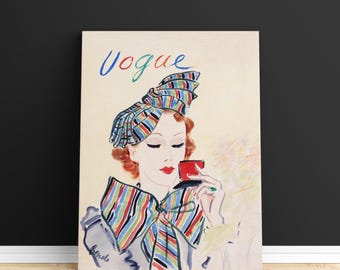 Vogue Magazine Wall Art, Featuring a Woman in rainbow striped hat, By Eduardo Garcia Benito, Retro Cover Print, Fashion Home Decor.
