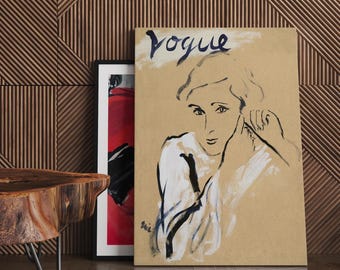 Vogue Cover Illustration Of a woman putting on earrings, By Carl Oscar August Erickson, Retro Vogue Cover Print, Fashion Vogue Home Decor