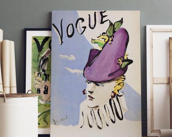 Vogue Cover featuring a of woman in tall hat, 1936,  by Christian Berard, Retro Vogue Cover Print, Fashion Digital Vogue Home Decor.