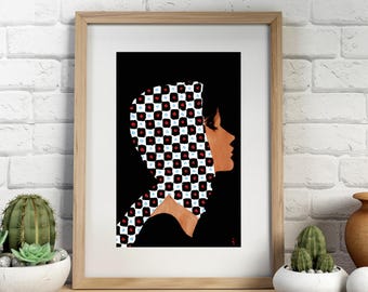 RENÉ GRUAU, Girl with a Checked Head Scarf, 1962, Woman Portrait, Gallery Wall Set, Vintage Poster Art, Fashion Wall Art.