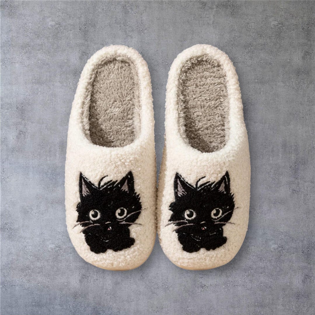 Pantofole con motivo a gatto bianco per donna Dettagli neri