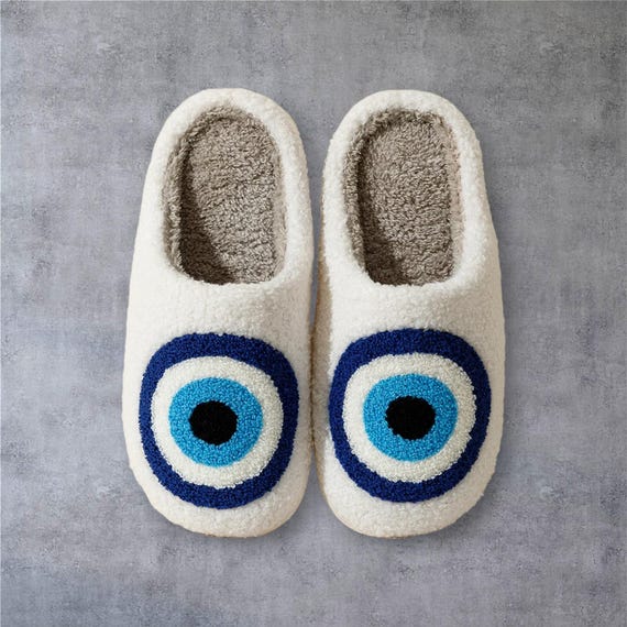 White Evil Eye Pattern Slippers for Men Women Cozy, Non-slip