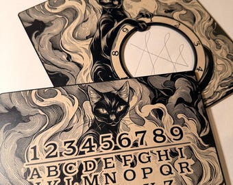 Sigil Making Tools: Mystical Black Cat Familiar Wheel & Letters-to-Numbers Chart Set, 7-Inch Laser Engraved MDF Wood
