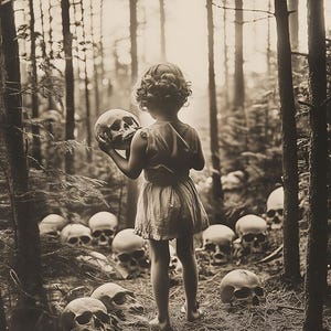 Canvas Print - Dark Vintage Art of A Little Girl with Human Skulls in the Forest