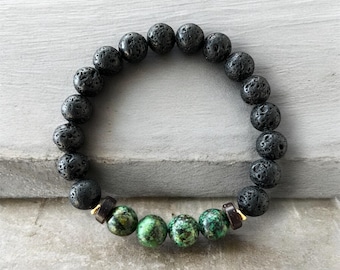 Men's Lava & Green Howlite Stone Bracelet: Handmade Jewelry