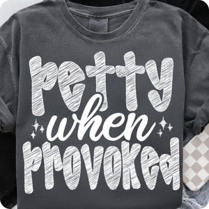 Puede incluir: Una camiseta gris oscura con texto blanco que dice "petty when provoked".