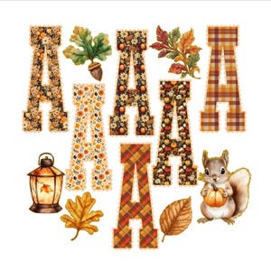 May include: A selection of autumn-themed decorative items. The image showcases several letter "A" designs with floral, plaid, and pumpkin patterns. Additional elements include a squirrel holding a pumpkin, a lantern, leaves, and an acorn.