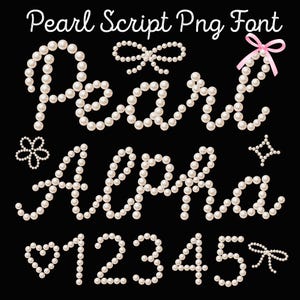 May include: A black background with the words "Pearl Script Png Font" in white script. The words "Pearl Alpha" and numbers 1 through 5 are spelled out with white pearls. Decorative bows, flowers, and a star are also made of pearls.