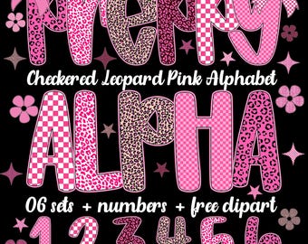 Checkered Leopard Pink Alphabet PNG, Preppy Doodle Letters, Coquette Bow Font teacher pink floral letters