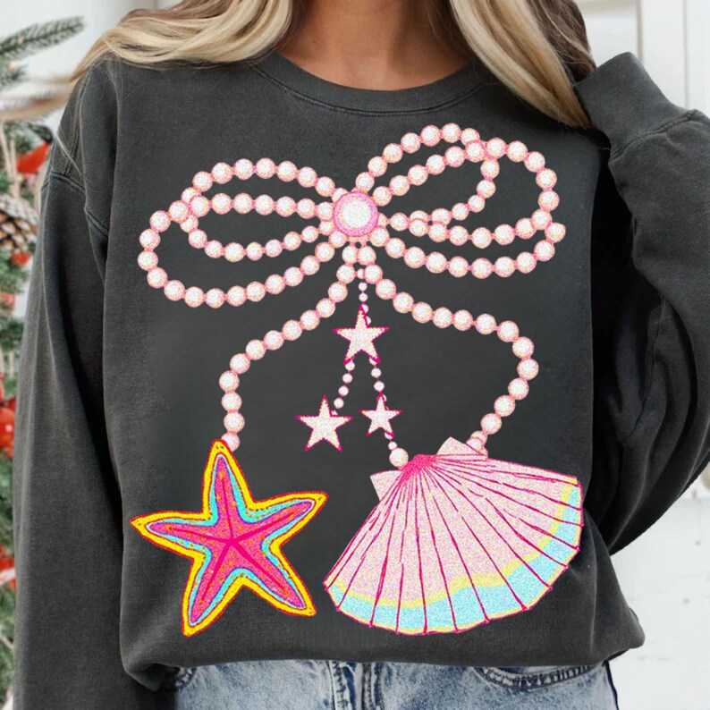 Coquette Pearl Bow PNG, Pink Clam Shell & Starfish Design, Summer Beach ...