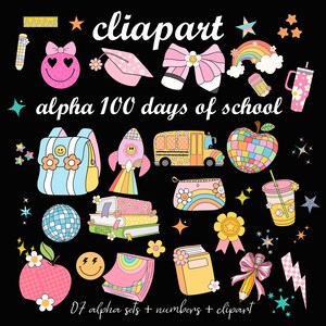 Pu&ograve; includere: Una collezione di elementi di clipart colorati per il ritorno a scuola su sfondo nero. Include un autobus scolastico, uno zaino, una mela, un razzo, libri e una matita con un fiocco. Il testo recita "clipart" e "alpha 100 days of school".