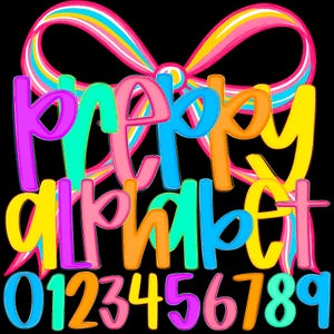 Preppy Letters and Numbers PNG Bundle Bright Colorful Doodle Alphabet Neon Clipart A-Z a-z 0-9 Sublimation Font for Teachers 6 Set Packn,