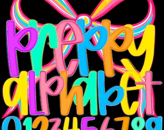 Preppy Neon Alphabet Numbers PNG Bundle, Doodle Clipart, Teacher Sublimation Font (Digital Download)