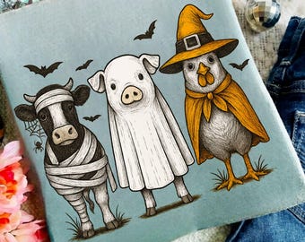 Halloween Farm Animals PNG Sublimation Design Mummy Cow Ghost Pig Witch Chicken Spooky Season Graphic Digital Download DTF