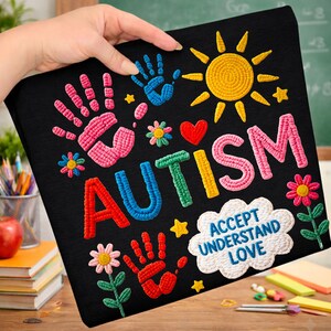 May include: Black square with colorful embroidered design. Features the word "AUTISM" in bright letters, handprints, a sun, flowers, stars, a heart, and the words "ACCEPT UNDERSTAND LOVE" in a cloud.