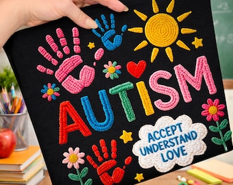 Autism Awareness PNG, Faux Embroidery Rainbow Design (Digital Download)