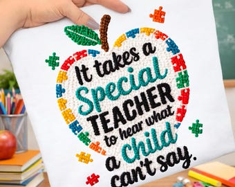 Special Teacher PNG | Autism Awareness Apple Quote Design | Faux Yarn Embroidery Sublimation Download