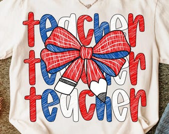 Maestro patriótico PNG / Diseño de sublimación de lazo rojo, blanco y azul / Descarga digital de regreso a clases