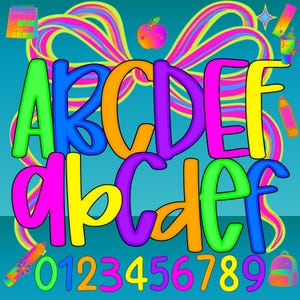 Preppy Letters and Numbers PNG Bundle Bright Colorful Doodle Alphabet Neon Clipart A-Z a-z 0-9 Sublimation Font for Teachers 6 Set Packn,