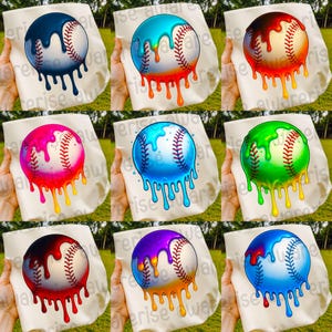 Op de afbeelding: Een verzameling honkbalontwerpen met een honkbal met kleurrijke, druipende verfeffecten. De honkballen hebben rode stiksels en staan tegen een crèmekleurige achtergrond. De verfkleuren zijn onder meer blauw, rood, roze, groen en paars.