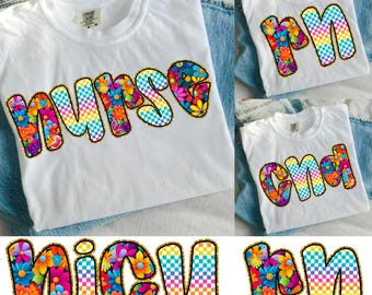 Preppy Nurse Floral Png, Boho Floral Nicu/ Rn/ CNA Png, Checkered Glitter Png Bundle, Awesome Preppy Nurse Design, Nurse Appreciation day