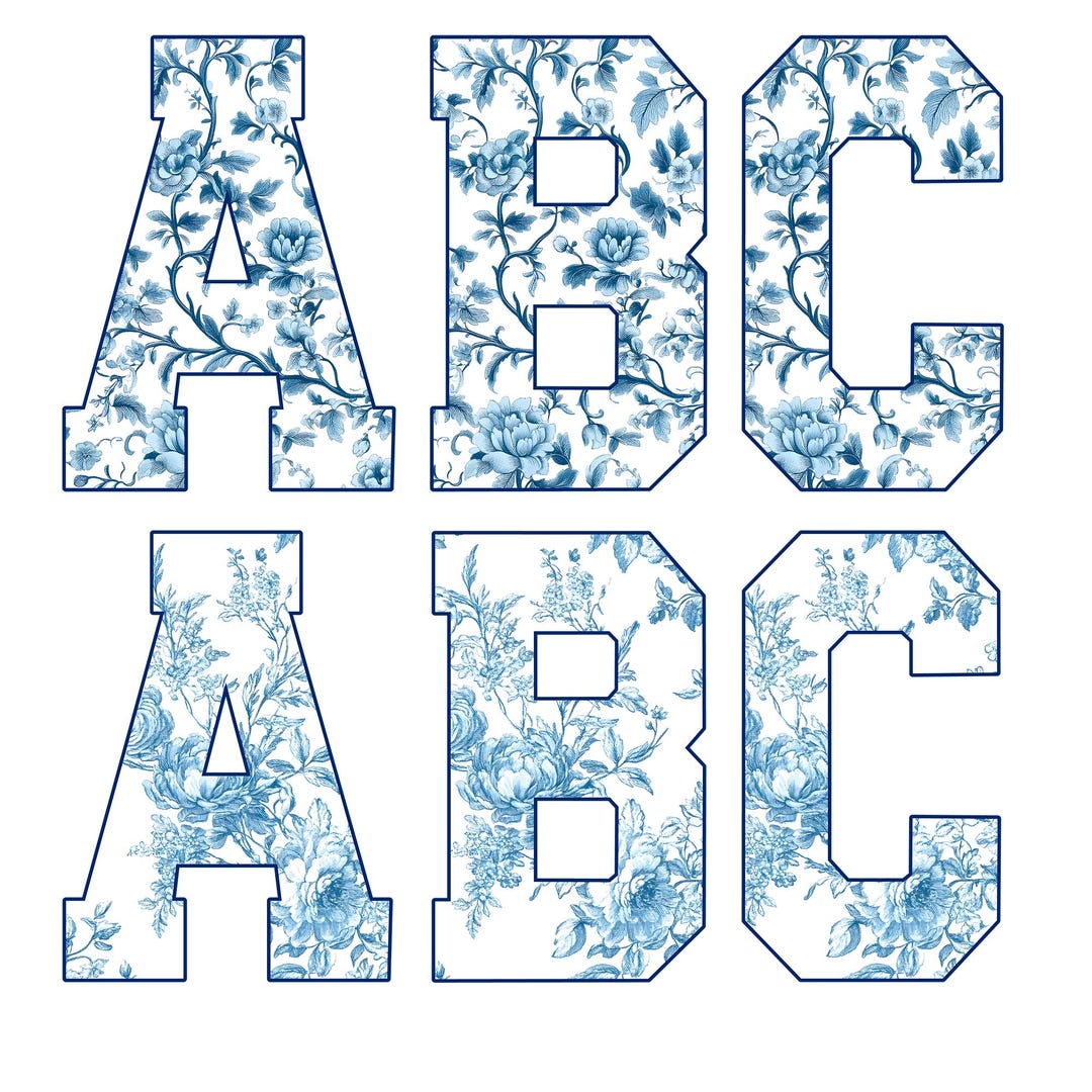 Blaues Blumen Toile Alphabet PNG Bundle (Digitaler Download A-Z, 0-9 ...