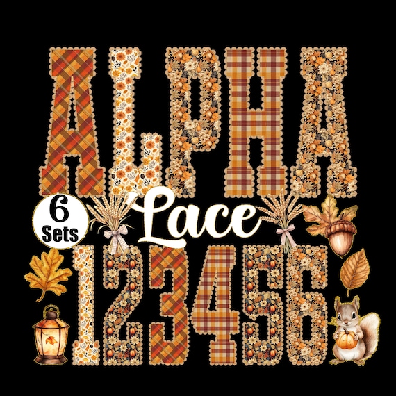 Fall Plaid Floral Alphabet PNG Bundle | 6 Sets Autumn Lace Letters & Numbers | Sublimation Font Clipart