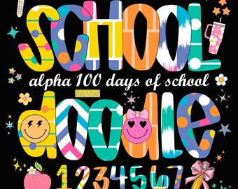 Colorful Checked Alpha Clipart Bundle | Back to School, 100 Days Doodle PNG