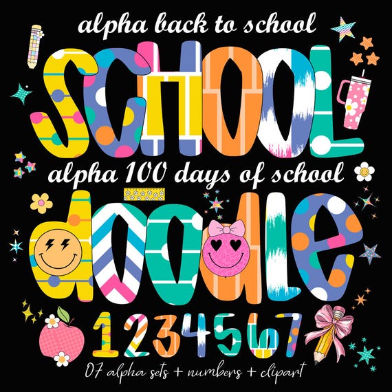 Colorful Checked Alpha Clipart Bundle | Back to School, 100 Days Doodle PNG