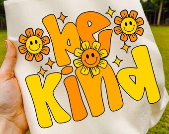 Be Kind Retro Flower PNG, Smiley Daisy Tote Bag Design, Groovy Positive Quote Sublimation, Cute Hippie outdoor garden be kind sign project