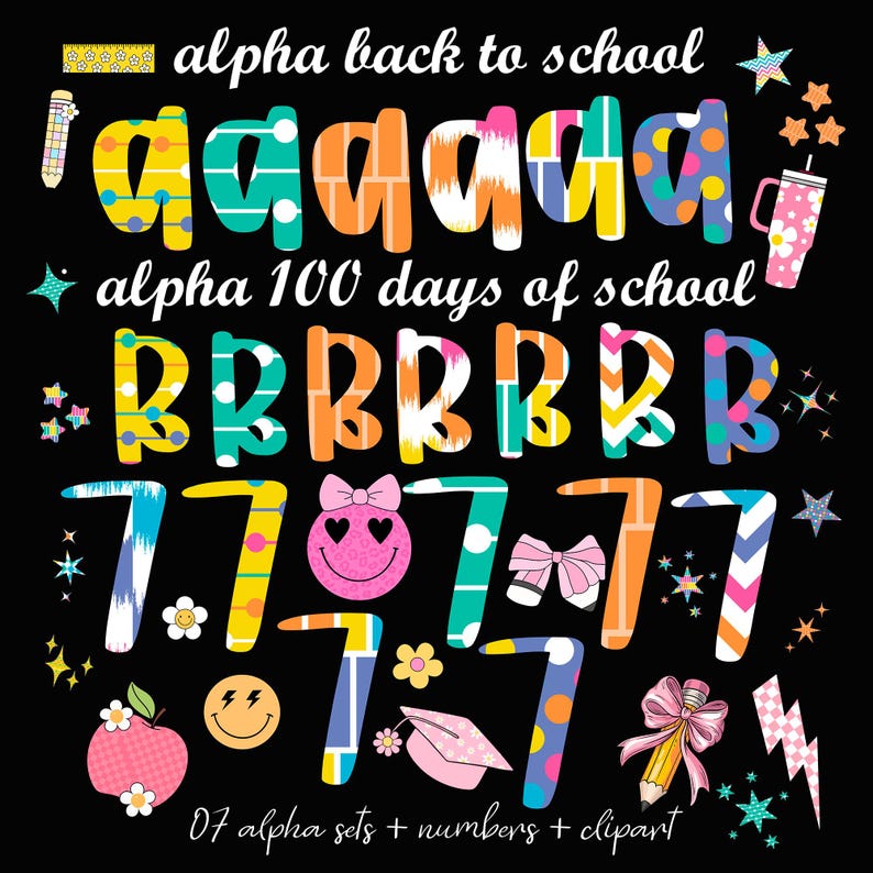 Pu&ograve; includere: Uno sfondo nero con testo e grafica colorati per il ritorno a scuola e i 100 giorni di scuola. L'immagine include le parole "alpha back to school" e "alpha 100 days of school" con le lettere A, B e i numeri 7. Sono presenti anche vari elementi di clipart.