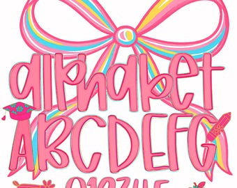 Preppy Pink Bubble Letter PNG: Teacher Back to school Alphabet & Numbers Clipart
