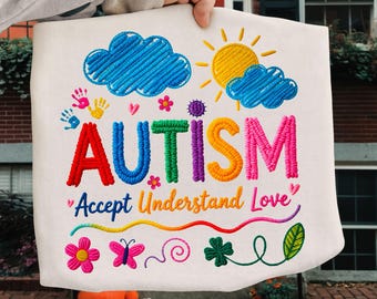 Autism Accept Understand Love png, Faux Embroidery Autism Awareness, Rainbow Colors (Digital Download)