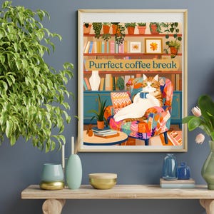 Purrfect Coffee Break Cat Art – Cozy Digital Download for Cat Lovers, Coffee Decor & Reading Nooks