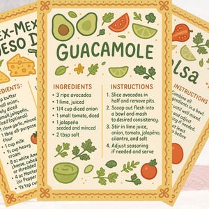 May include: A yellow and orange illustrated recipe card with the title "GUACAMOLE" in green letters. The card includes a list of ingredients and instructions for making guacamole. The ingredients include 3 ripe avocados, 1 lime, 1/4 cup diced onion, 1 small tomato, 1 jalapeno, and 2 tablespoons of salt.