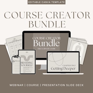 Pode incluir: Um pacote de marketing digital com o texto "COURSE CREATOR BUNDLE" em um monitor de computador, laptop, tablet e smartphone. O pacote inclui guias para branding, opções de pagamento e apresentações de webinars. O esquema de cores é neutro.